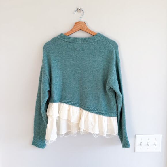 Cinq à Sept Ruffles Lace Hem Crew Neck Pullover Sweater Turquoise XS - Picture 2 of 8